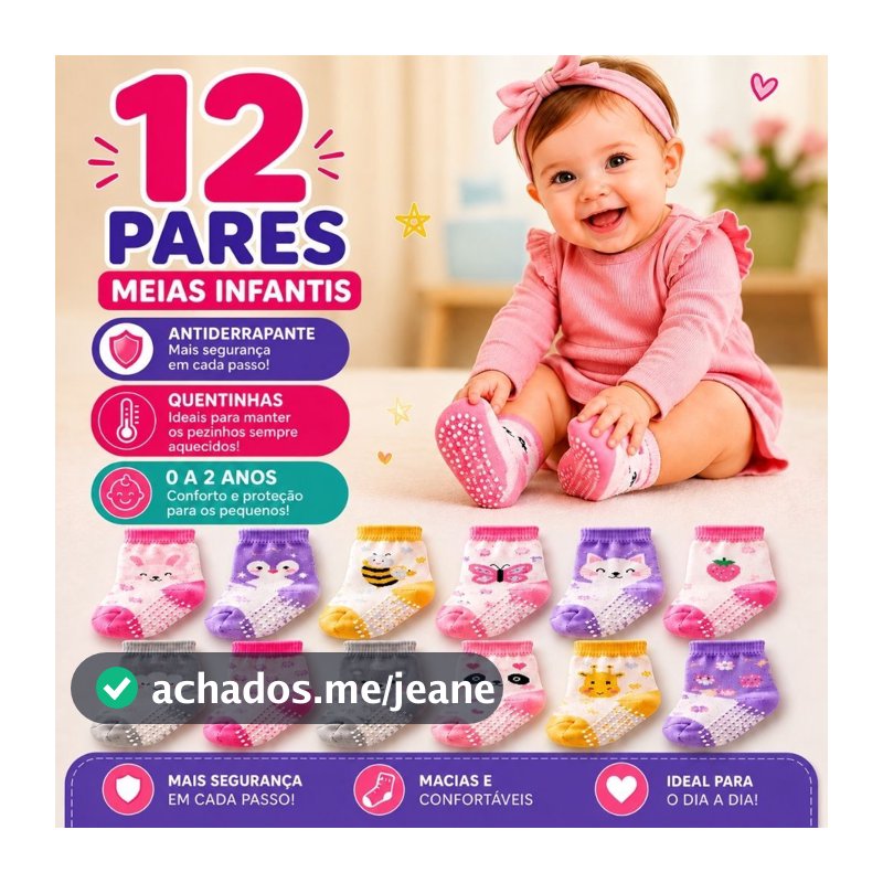 Kit 12 Pares de Meias Bebê Antiderrapante  Menina Algodão Confortáveis 0–24 Meses Infantil