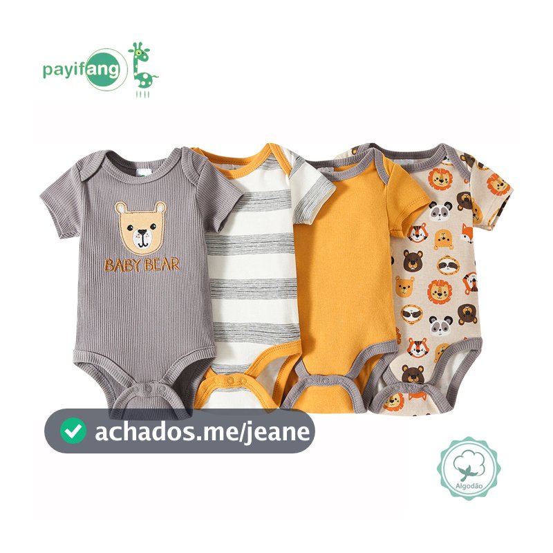 Kit 4 Body de Bebê Menino Manga Curta 100% Algodão Urso Estampado Animais Macio Confortável Dia a Dia