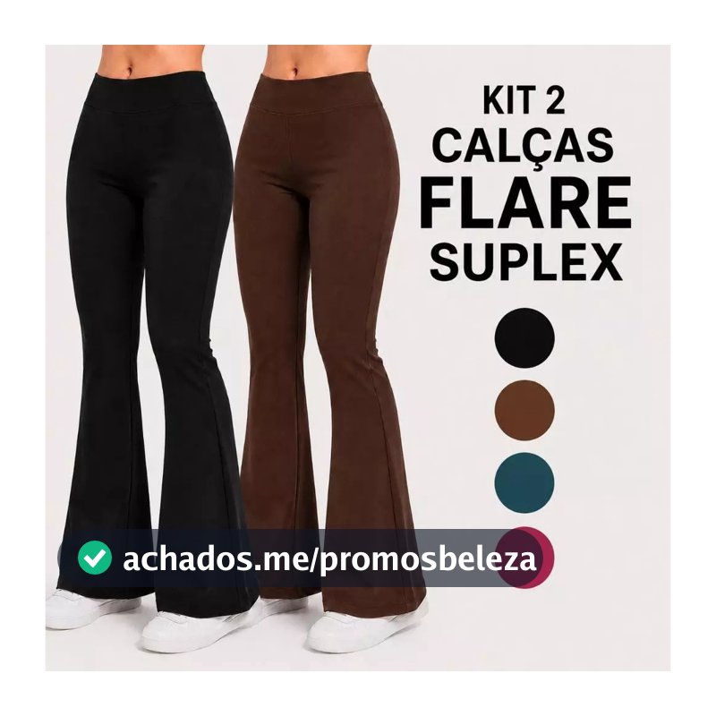 Kit 2 Calças Legging Flare Leg Bailarina Feminina Suplex Cintura Alta Sem Transparência Cós alto Calça Boca de Sino