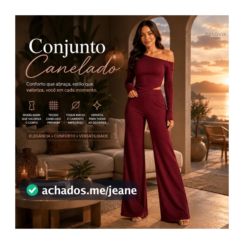 Conjunto Feminino Canelado Blusa Assimétrica Manga Longa Calça Pantalona P ao GG
