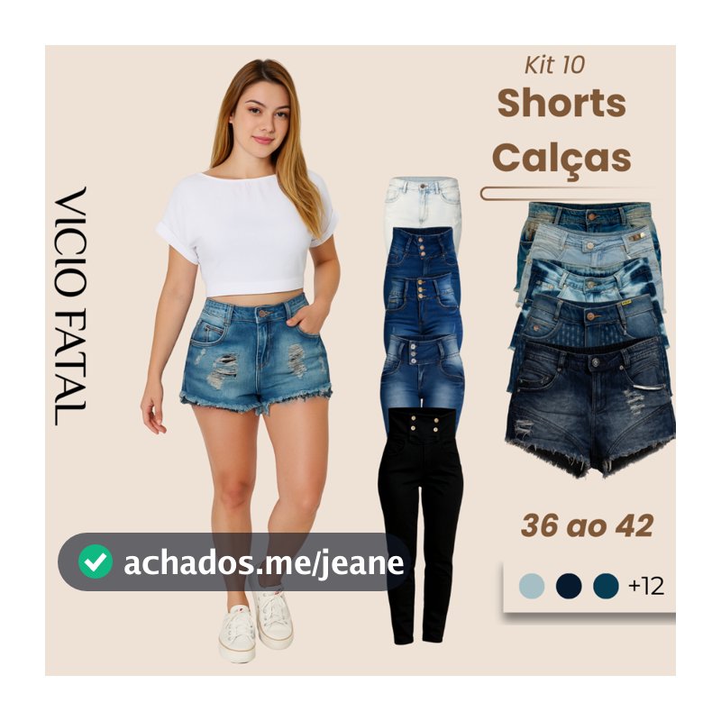 Kit Feminino 10 Shorts e Calças Sortidos Elastano Fecho em Botão Empina Bumbum Cintura Alta Lycra