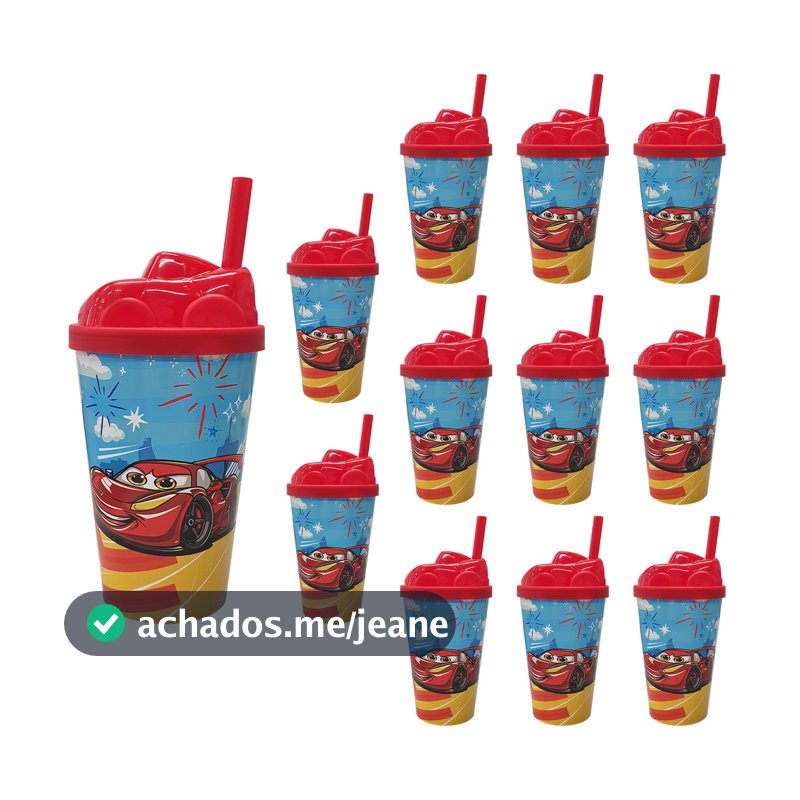 Copo Infantil 12pçs Com Canudo e Tampa Vários Temas Toys 350ml Atóxic Copos Infantis