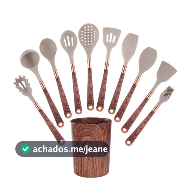 Kit Utensílios Cozinha Silicone 11 Peças Cabo Madeira Não Risca Panela Jogo Completo Com Suporte