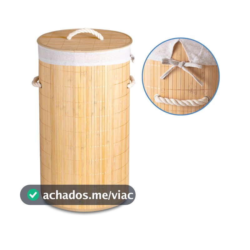 Cesto De Roupa Bambu Dobrável 60 Litros Lavanderia Banheiro Redondo