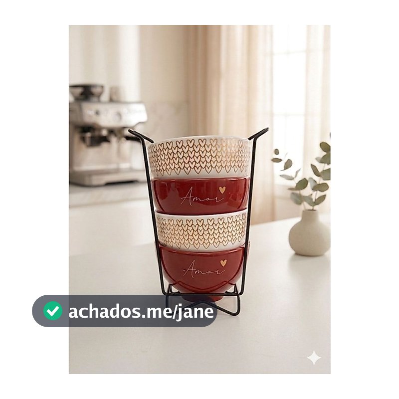 Kit Jogo 4  Bowl Tigelas Porcelana Cumbuca Sopa Açaí 350ml Decorada Amor Coração + Suporte