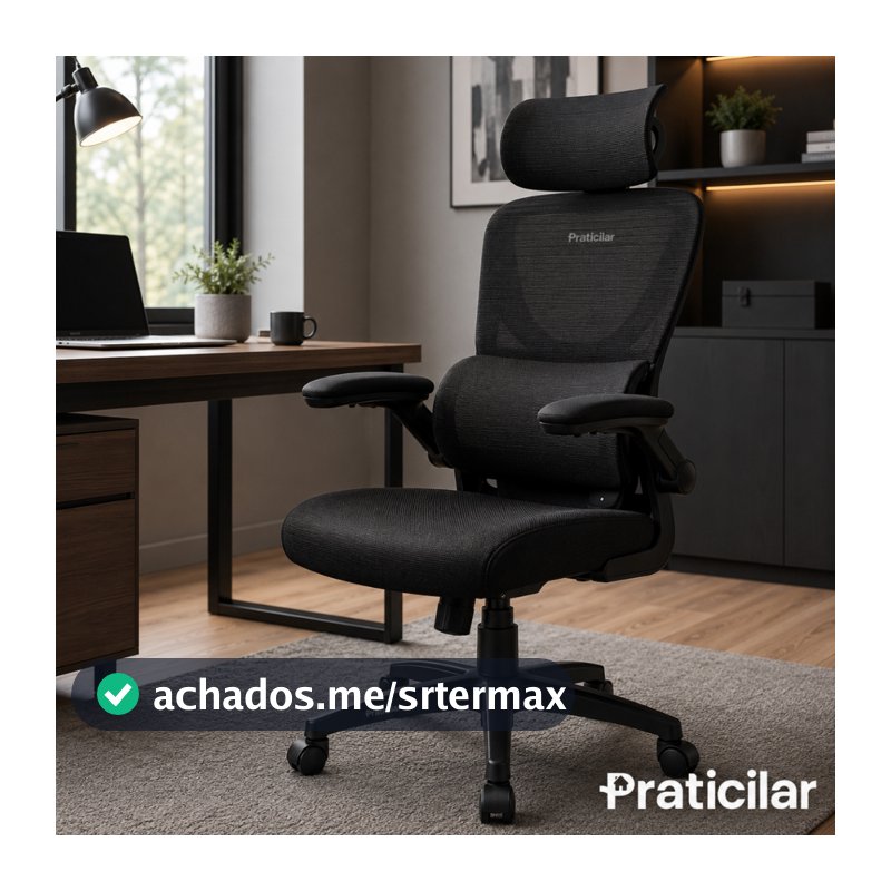 Cadeira Escritório Ergonômica Presidente P500 Preto Com Suporte Lombar Encosto Cabeça Estofado Mesh Praticilar