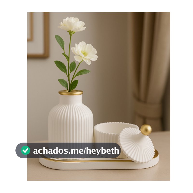 Kit Decorativo com Detalhe Dourado 3 Peças Vaso Bandeja e Porta Objetos
