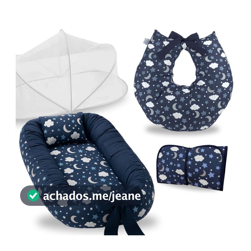 Enxoval Bebe Ninho Redutor de Berço Almofada Amamentação Mosquiteiro Trocador Kit 4 Peças Menino
