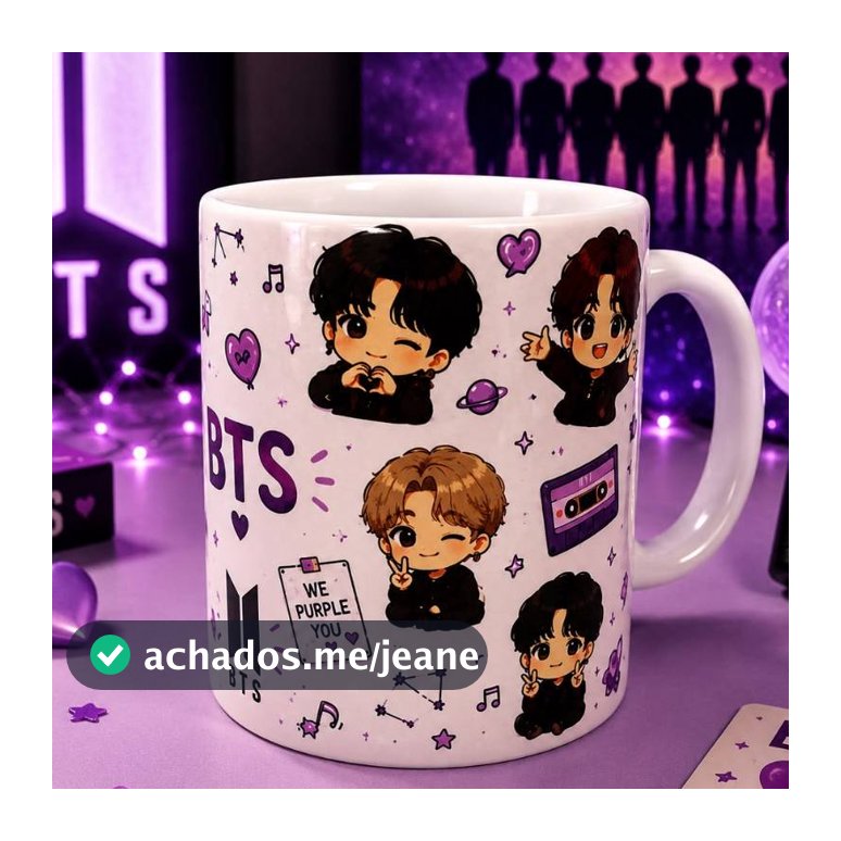 Caneca BTS Chibi 325ml Cerâmica | Presente Army K-Pop | I Purple You