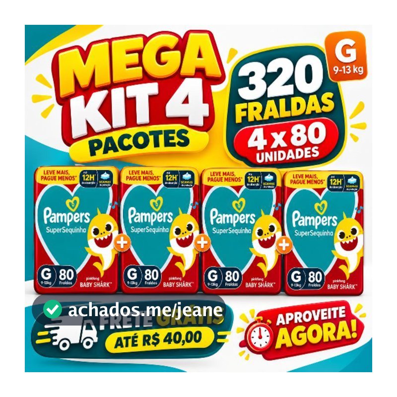 FRALDA PAMPERS SUPERSEQUINHA - MEGA KIT 4 PACOTES - TAMANHO G - TOTAL DE  320 UNIDADES - BABY SHARK