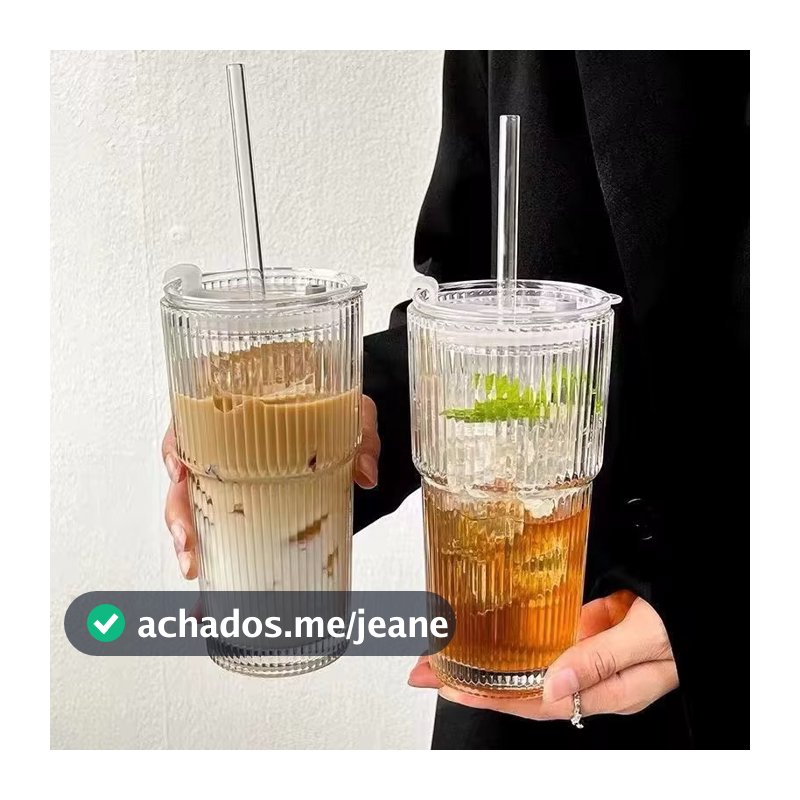 Copo Caneca De Vidro Com Canudo Capuccino Tampa Não Derruba Líquido Olivini Home
