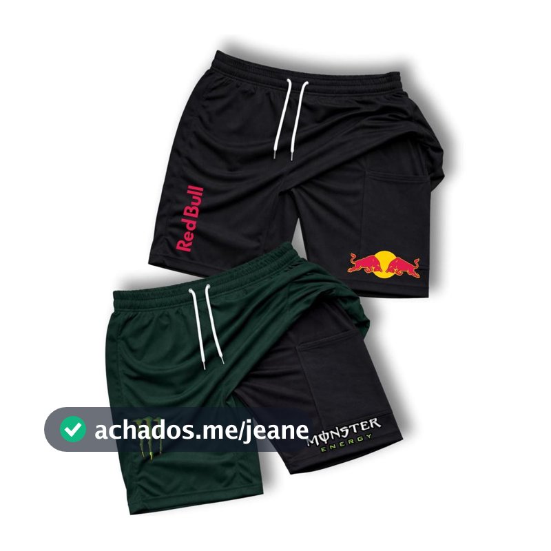 Kit 2 Bermuda Shorts Compressão masculina 2 em 1 MONSTER E R3D BU77 Treino, Corrida, Esporte, Crossfit, Praia