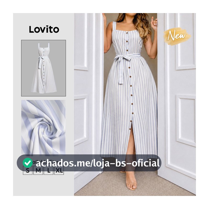 (New Arrival) Lovito Vestido Feminino Boho Listrado Azul E Branco Botões Frontais Linha a Primavera/verão Casual Para Fim De Semana E Férias DRB39BR123