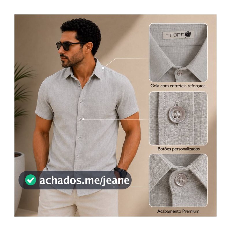 Camisa Masculina Algodão Manga Curta Social Linho Flame Slim Inverno Verão Europeu Dia dos Pais