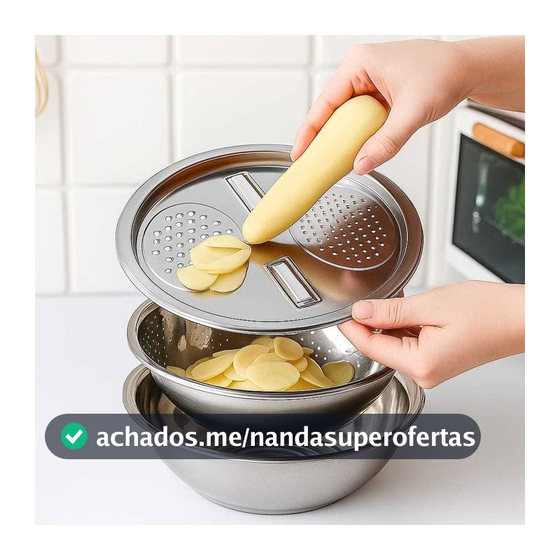 Tigela 3 em 1 Ralador Escorredor Bacia Fatiador Legumes Queijo Saladeira