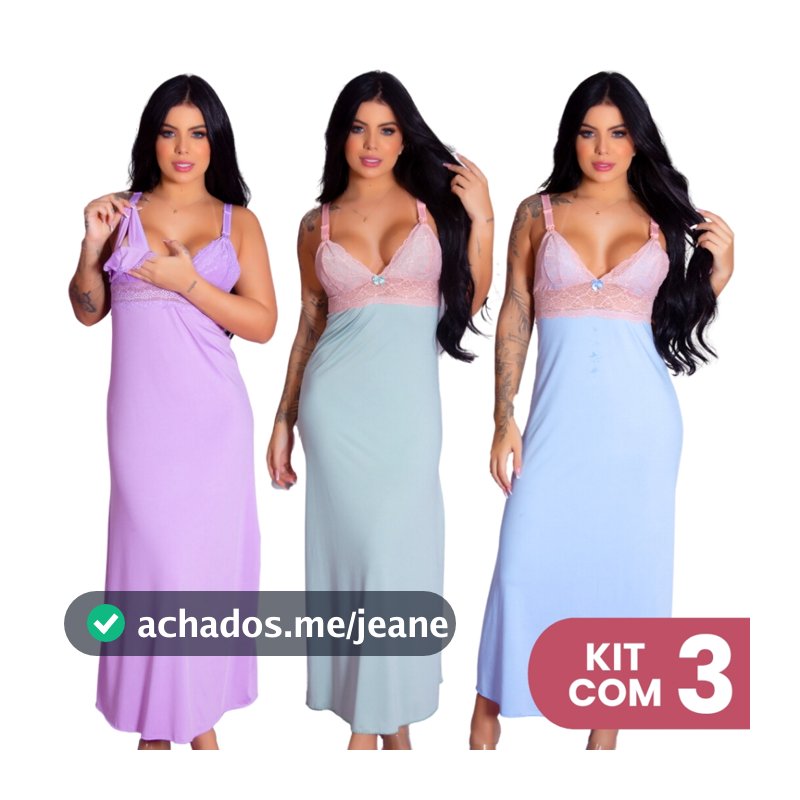 Kit 3 Camisolas Longas Amamentação Elegante Confortável Maternidade Dormir  Pós Parto Gestante