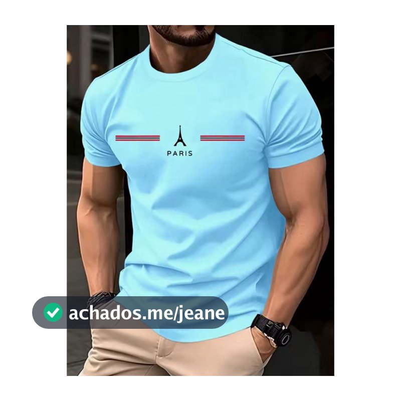 Camiseta Masculina 100% Algodão Paris Torre Listras Camisa Casual Manga Curta Várias Cores
