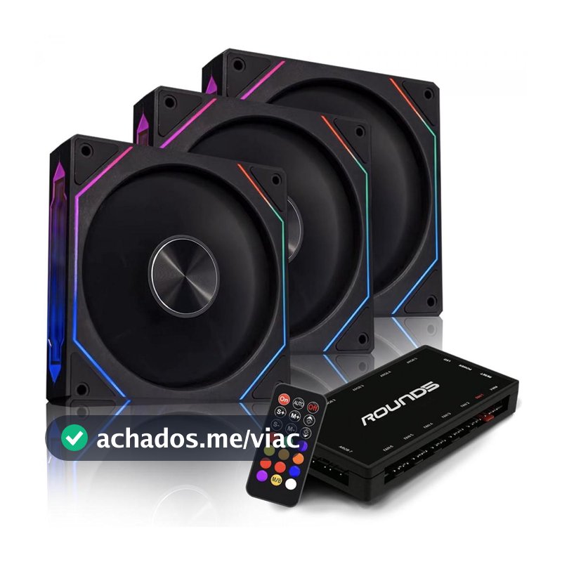 Kit Fan com 3 Unidades Round5 Nordwind Black, ARGB, 120mm, Com Controladora, PWM, Preto, R5-KIT-NORDWIND-FW-B-2221