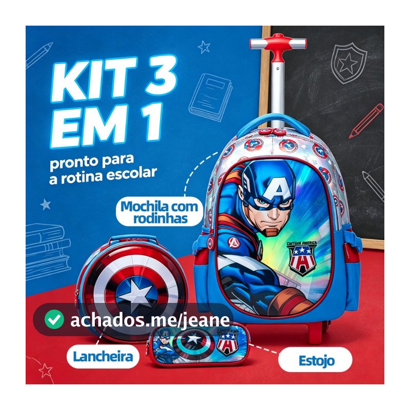 Marvel Conjunto de três peças com mochila com rodas do Capitão América para meninos