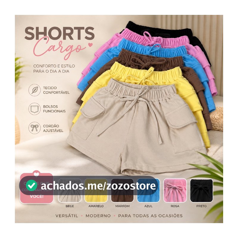 Short Cargo Feminino Moletom  Shortinho Soltinho Confortável Algodão Cores Lisa