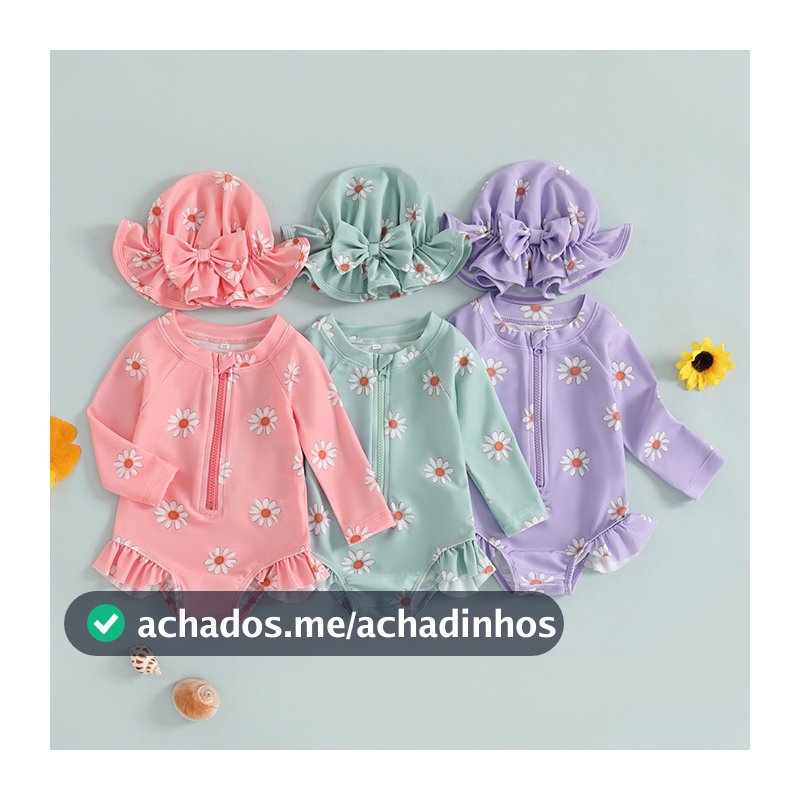 Biquíni Com Zíper E Estampa Floral De Manga Comprida Para Bebês Meninas Chapéu Roupa De Banho Recém-Nascidos
