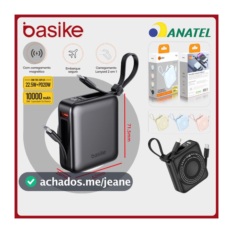 Basike Power Bank 10000mah PD 22.5 W Mini，Bateria portátil Carregamento sem fio para celulares/relógios/fones，b200b