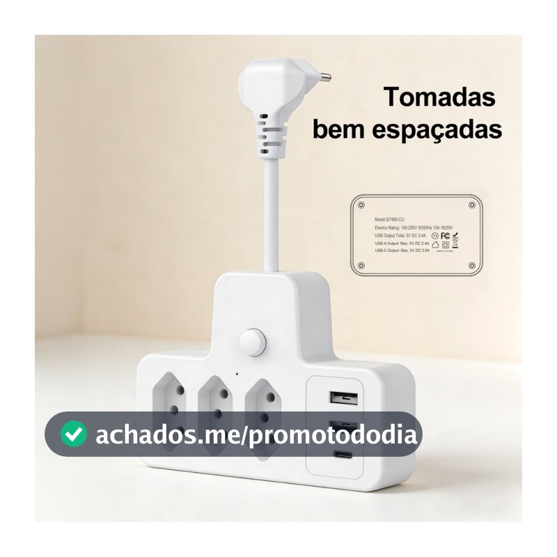 Extensão Elétrica Com Cabo 3 Tomadas Régua 3 USB 1 tipo-c