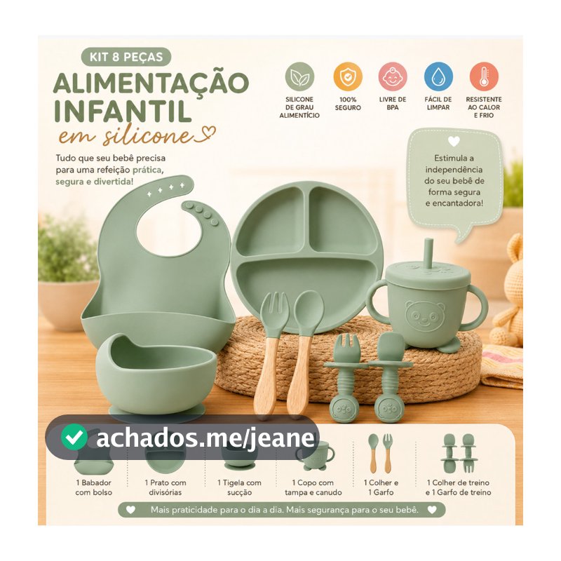 Kit Introdução Alimentar Bebê Silicone 8 Peças Prato Divisórias Babador Copo Tigela Talheres com Sucção