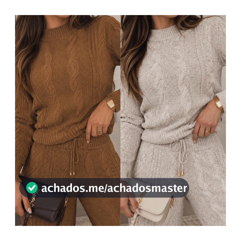 Conjunto de Tricot Mousse Calça Pantalona Cordão Ajustável+Blusa Manga Bufante Inverno