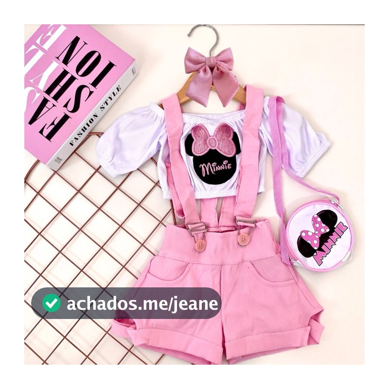 Conjunto infantil Salopete Minnie Menina Blogueirinha Com Bolsinha Estilosa Luxo Aniversário Festas