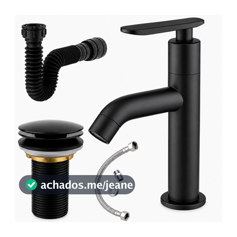 Kit Banheiro Lavabo Preto Torneira Bica Alta ABS Bancada Válvula Click 7/8 + Sifão + Engate 40cm Pia