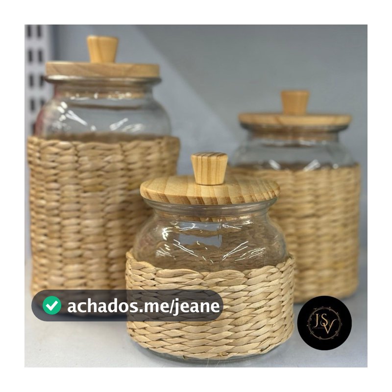 Potes Herméticos Vidro + Fibra Natural + Tampa de Bambu 700ml 1L 1,3L Decorativo Rústico