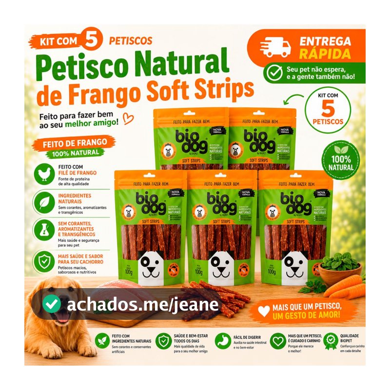 Kit 5 Bifinho Petisco Natural Snack Biscoito Cães Biodog Mordedor Gourmet Soft Strips Frango