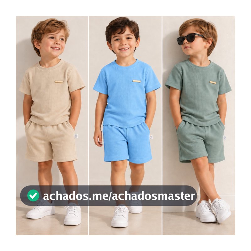 Conjunto Infantil Juvenil Meninos Masculino Roupa Infatil Waffle Camiseta e Short Bermuda Verão Verde Azul Bege