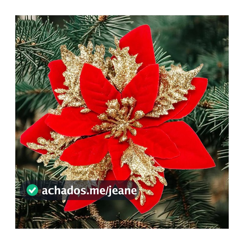 Kit 12 ou 24 Flores de Natal Vermelha e Dourada com Glitter 14cm - Luxo para Árvore