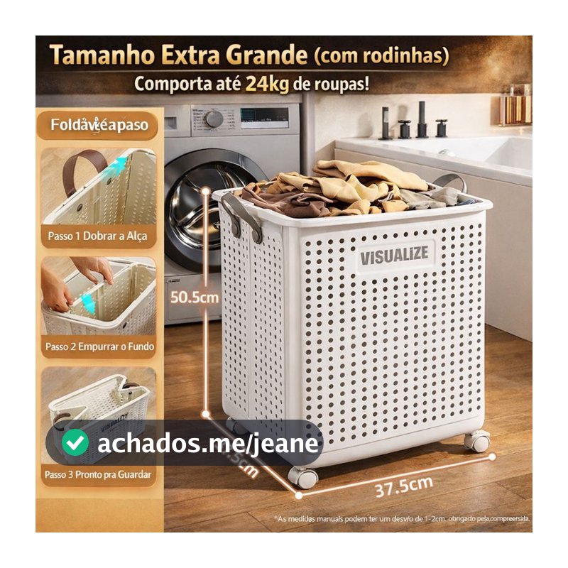 Cesto de Roupa moderno com Rodinhas e Alças cinza em Couro  – Ventilado, Dobrável e Super Prático XG