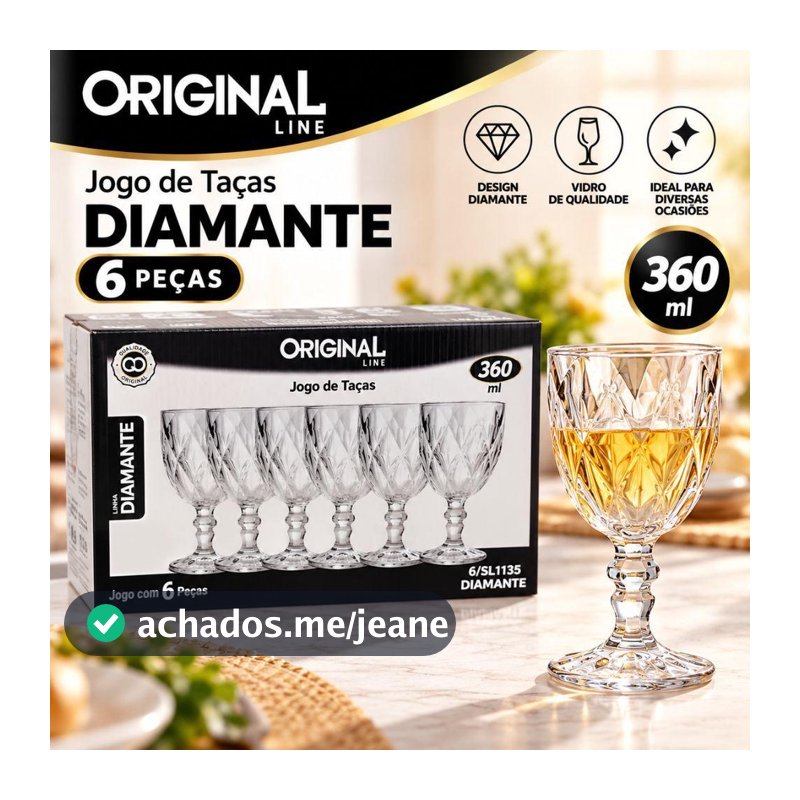 Conjunto Jogo Taça de Vidro Diamante Diamond Bico de Jaca Cristal 360ml Com 6 Peças Transparente Luxo Original Glass