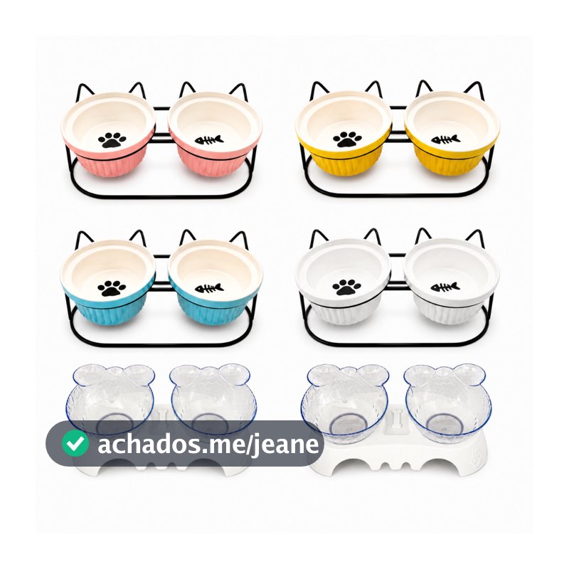 Comedouro e Bebedouro Duplo Pet Cerâmica Cão Gato com Apoio Base