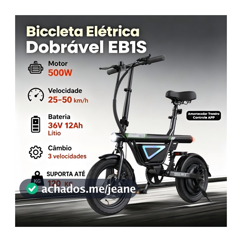 Bicicleta Elétrica Dobrável EB1S Aro 14 motor 500W freio a disco amortecedor traseiro farol LED controle APP