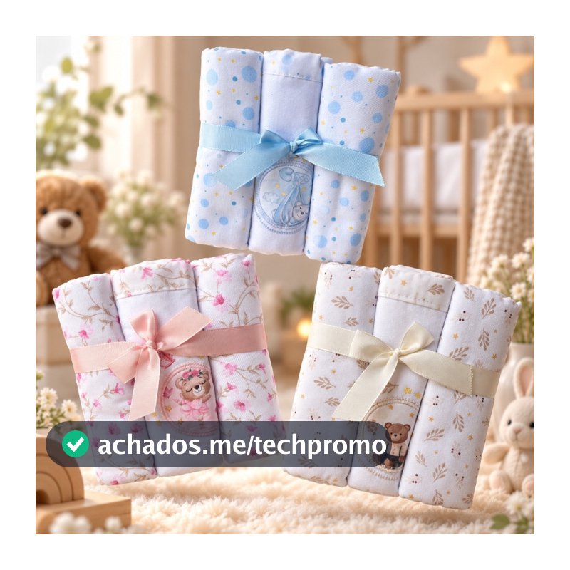 Cueiro Bebê Flanelado 100% Algodão | Kit 3 Unidades 80x80cm | Muito Mimo