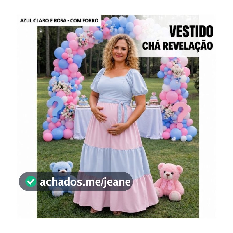 Vestido longo Grávida Chá Revelação Bicolor Azul Rosa Manga Bufante Fita
