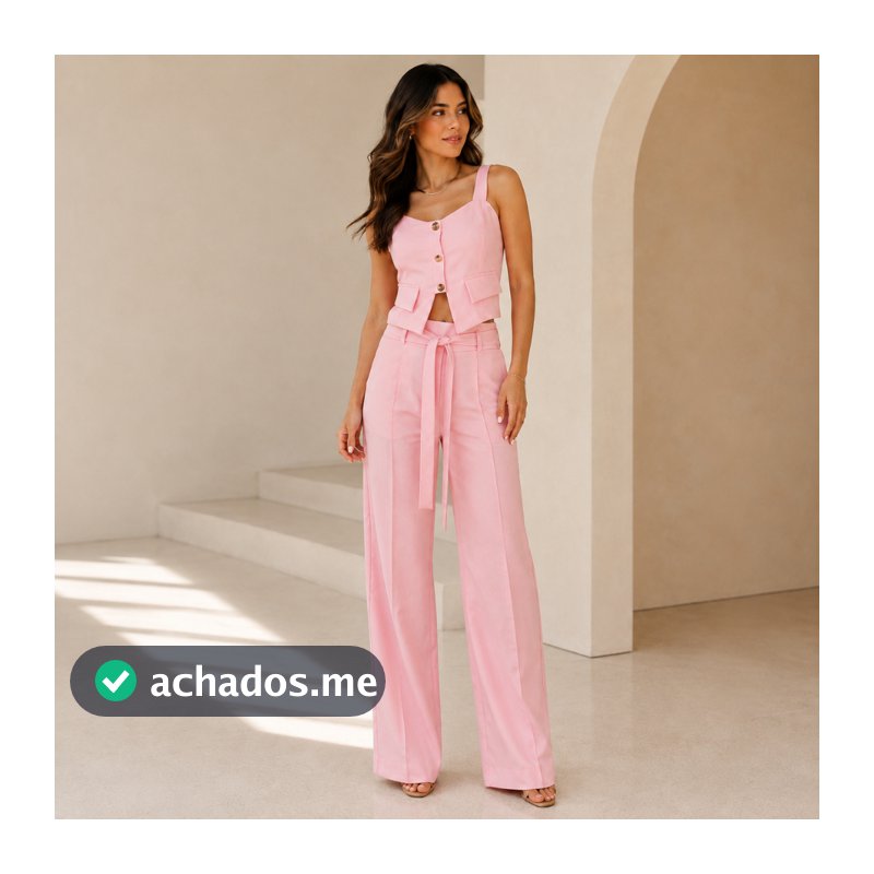 Conjunto Feminino Alfaiataria Colete Cropped Botões Dourados e Calça Pantalona Social Cintura Alta