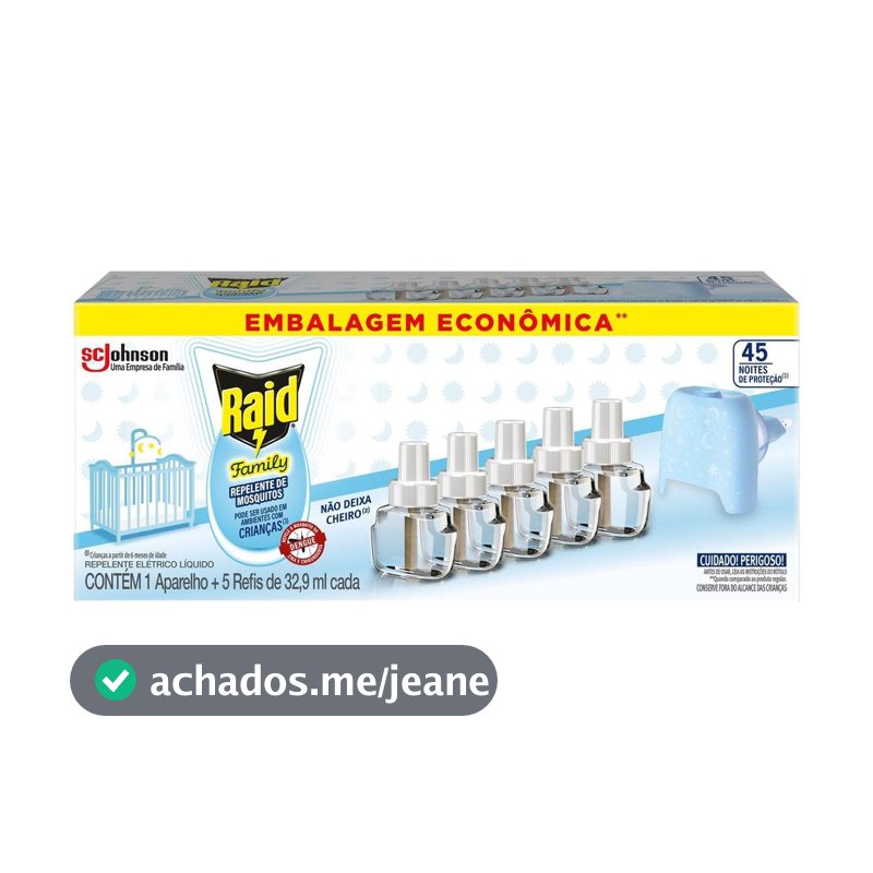 Kit Raid Family 1 Aparelho + 5 Refis Repelentes Elétricos 45 Noites 32,9ml Cada Embalagem Econômica