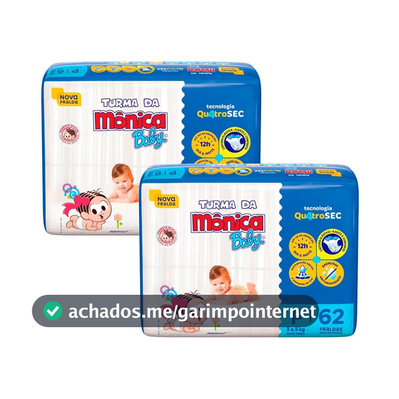 Kit 2 Fralda Turma da Mônica Baby Tamanho P Pacote Mega 62 Unidades Descartáveis