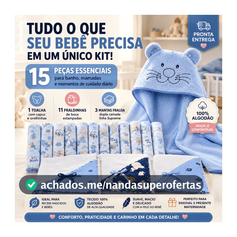 Kit Enxoval Bebê 15 Peças Completo 100% Algodão | Toalha com Capuz + 11 Fraldinhas + 3 Mantas Fralda Premium
