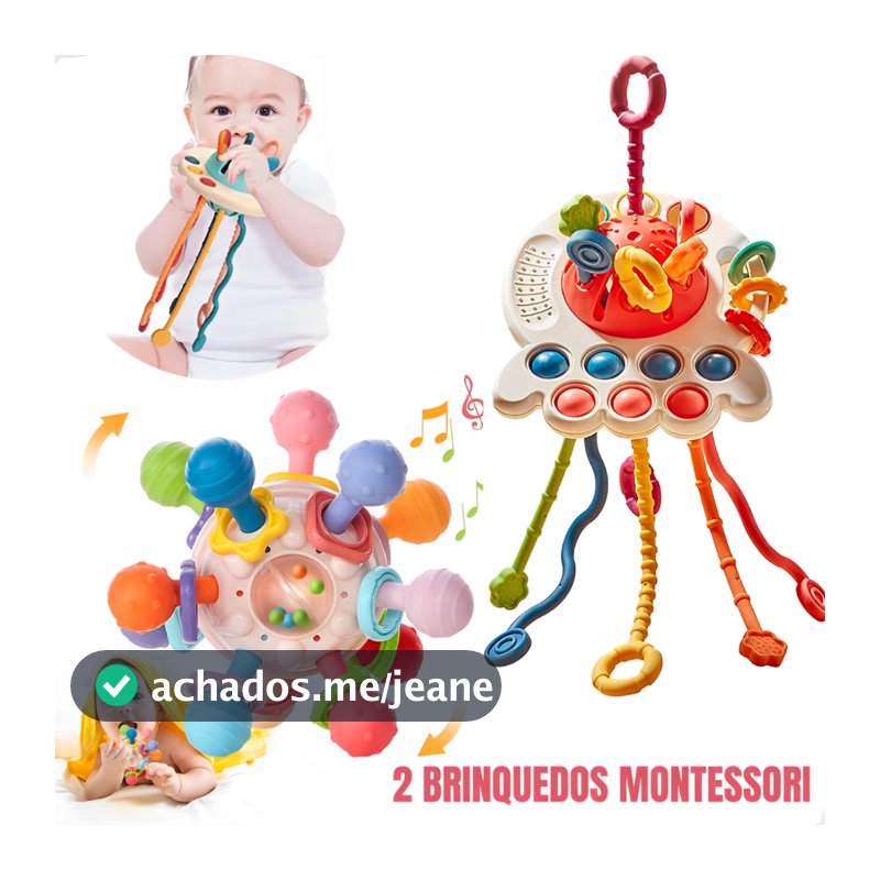 Chocalhos Mordedor Kit 2 Brinquedos Montessori Sensorial Bebê Macio Infantil Com Texturas Educativo