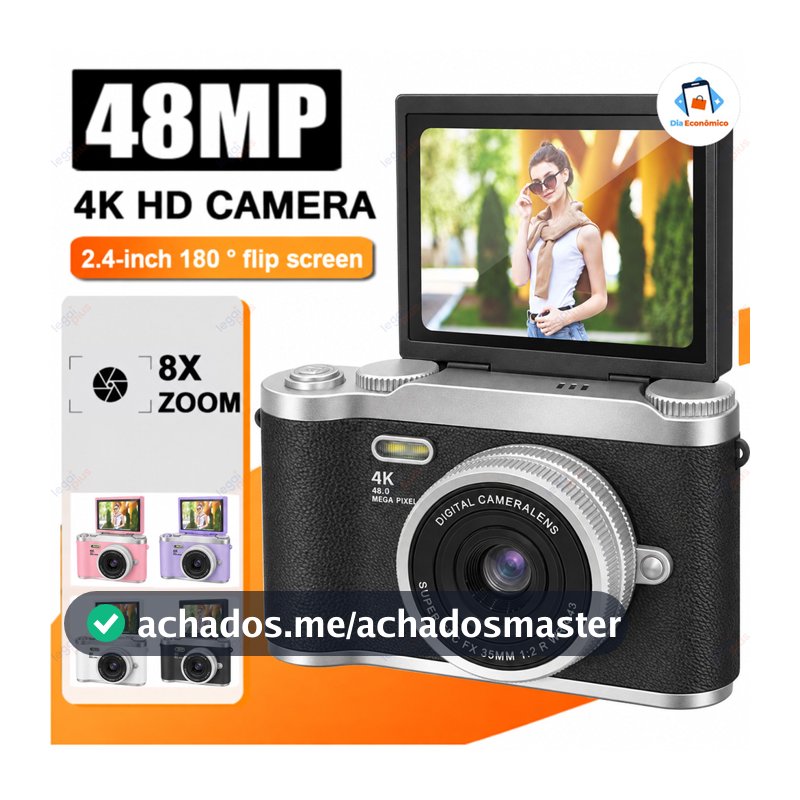Câmera Digital 4K com Tela Flip 180° Ideal para Selfies Zoom 8x CCD 48MP Compacta Estudantil
