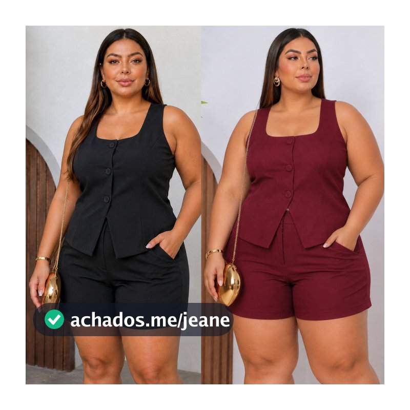 Conjunto Alfaiataria Feminino Elegante Plus Size e Slim Colete com Botões Shorts Moda Casual Social Verão Confortável -