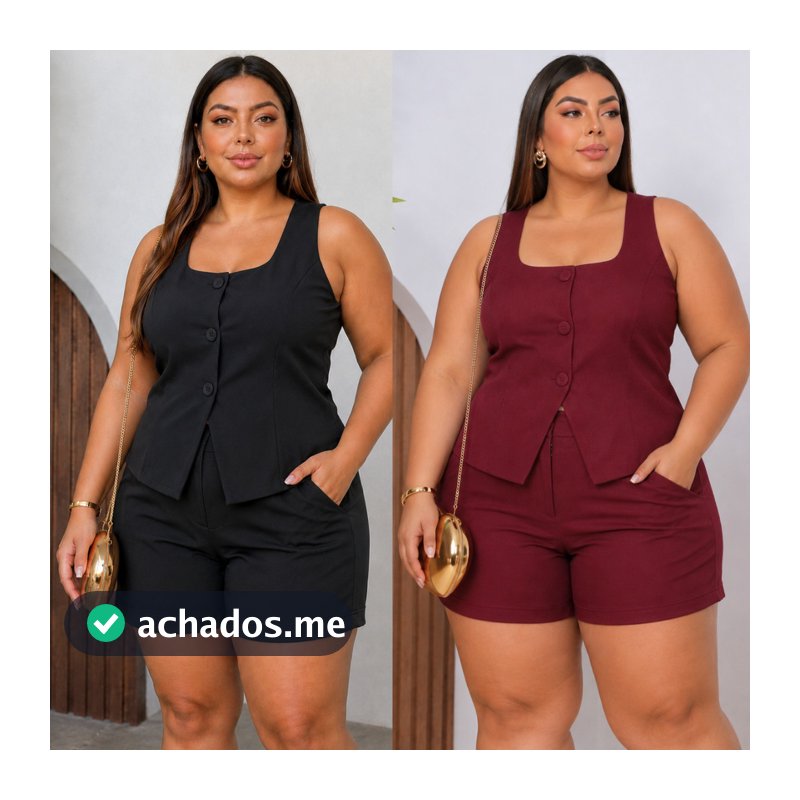 Conjunto Alfaiataria Feminino Elegante Plus Size e Slim Colete com Botões Shorts Moda Casual Social Verão Confortável -
