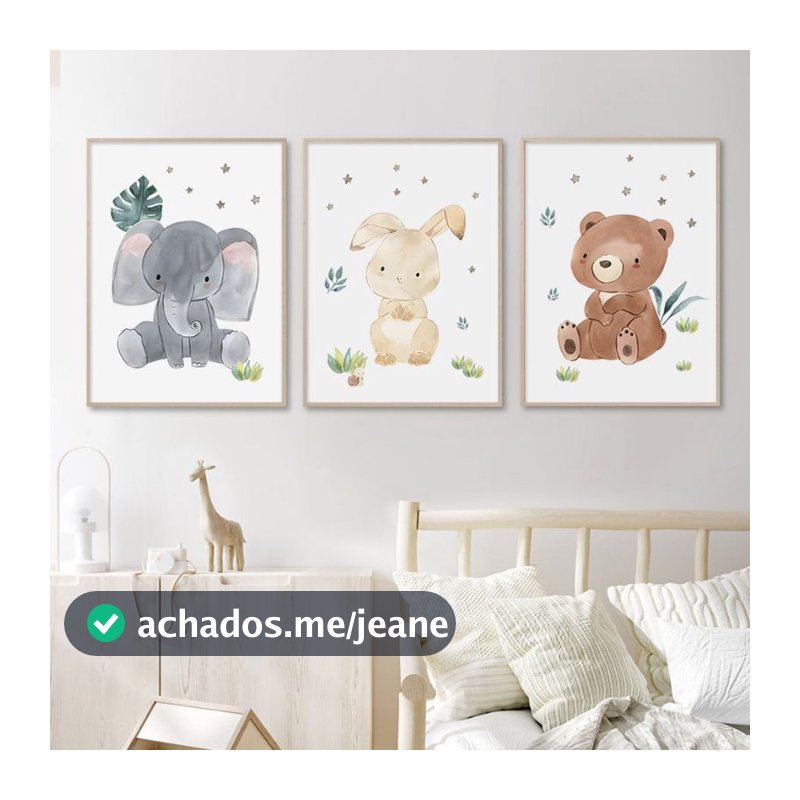 quadro decorativo infantil bichinhos fofos coelho elefante ursinho fofos 3 peças